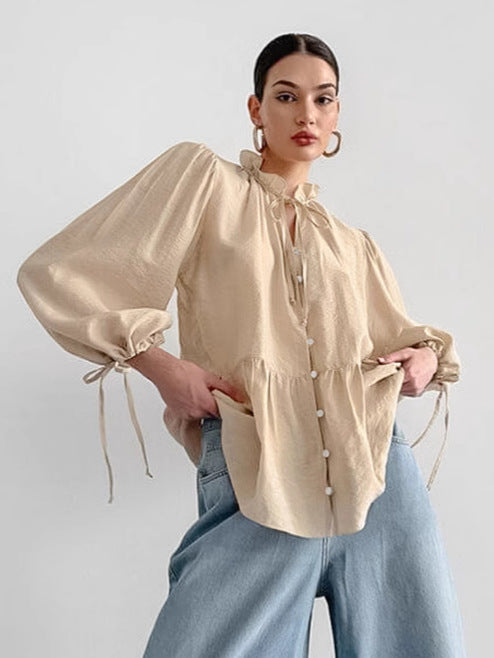 French crinkle loose small stand collar puff sleeve women's shirt