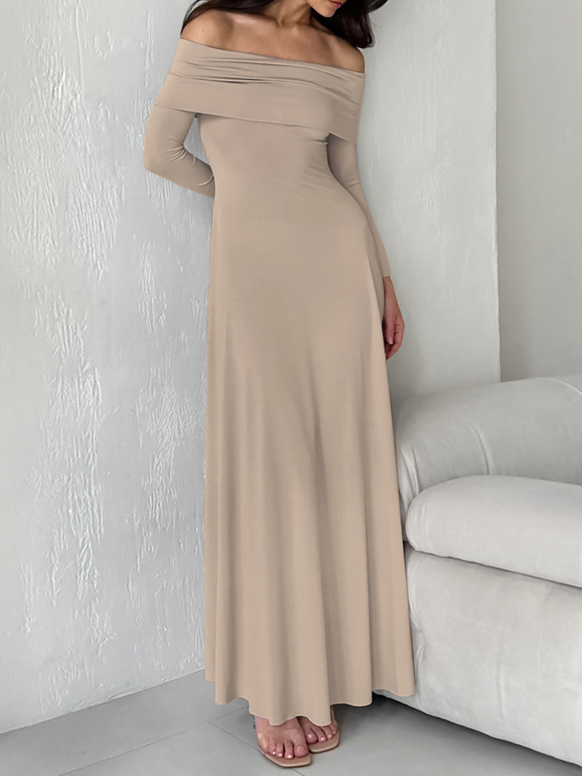 French brushed knitted boat neckline slim high waist pullover dress