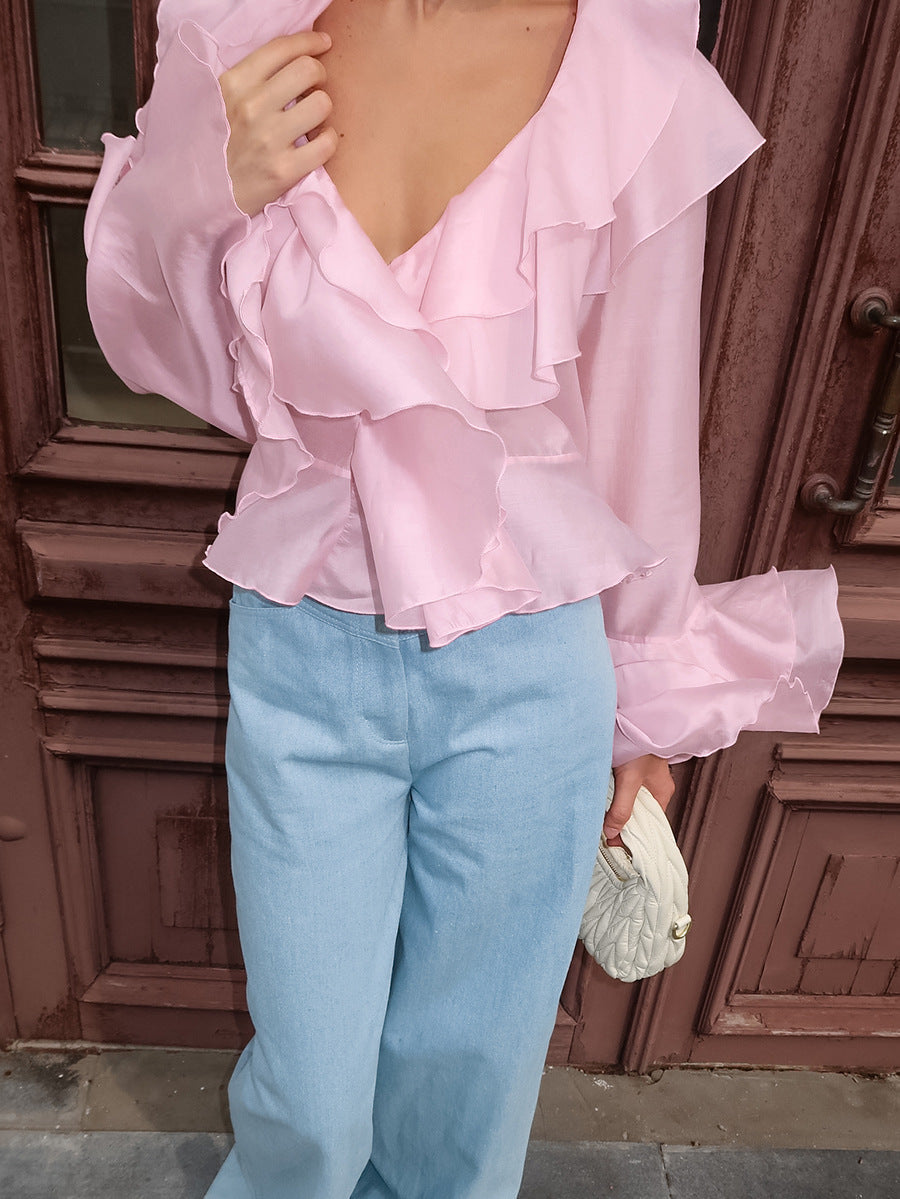 Summer Charm Pink Chiffon Sun Protection Clothes Temperament Layered Ruffles V-Neck Trumpet Sleeve Short Ladies Shirt