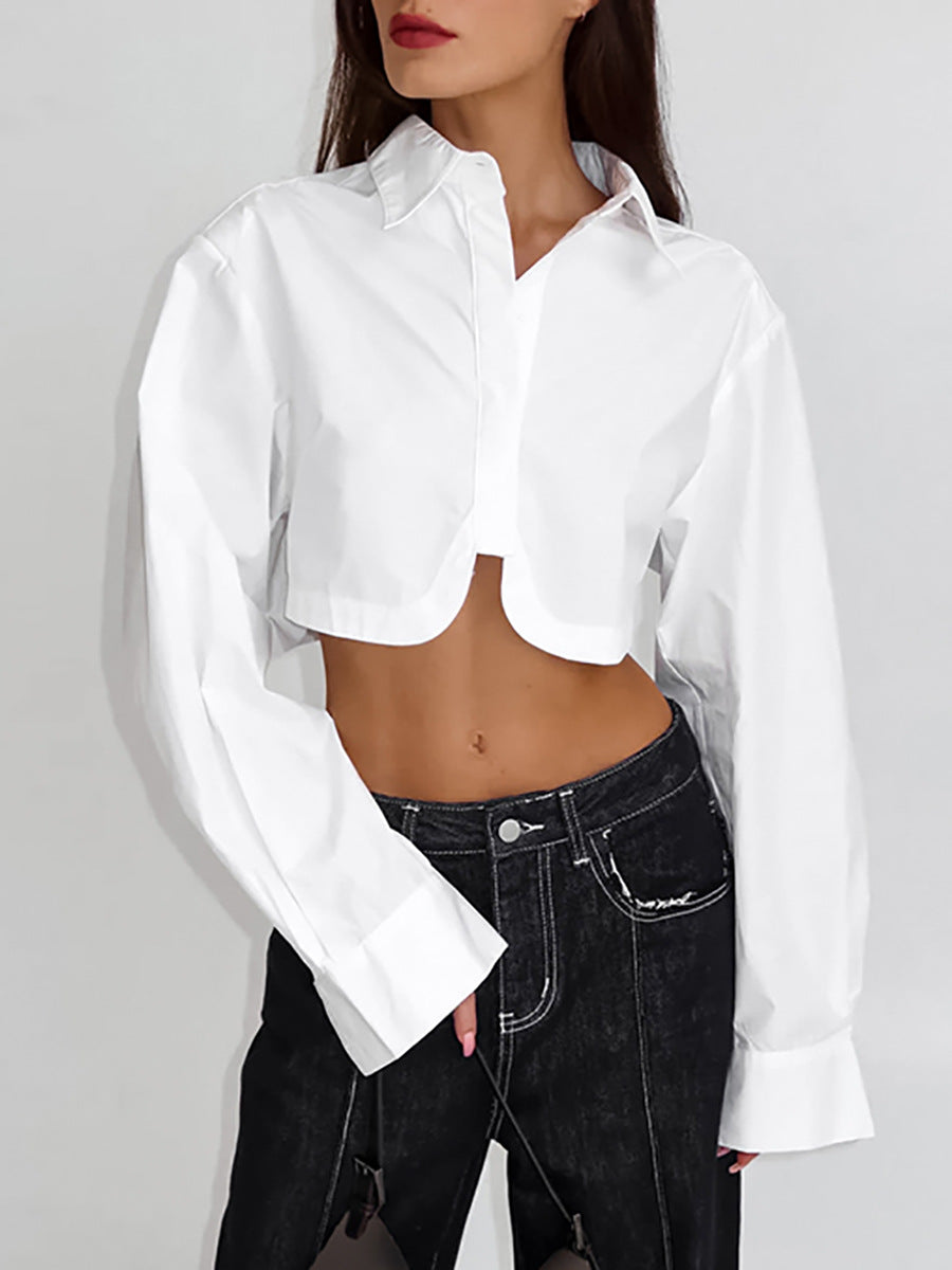 White lapel sexy belly button-down long sleeve shirt