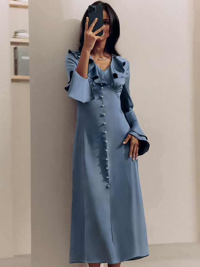 V-neck flared sleeve high waist ruffle dress