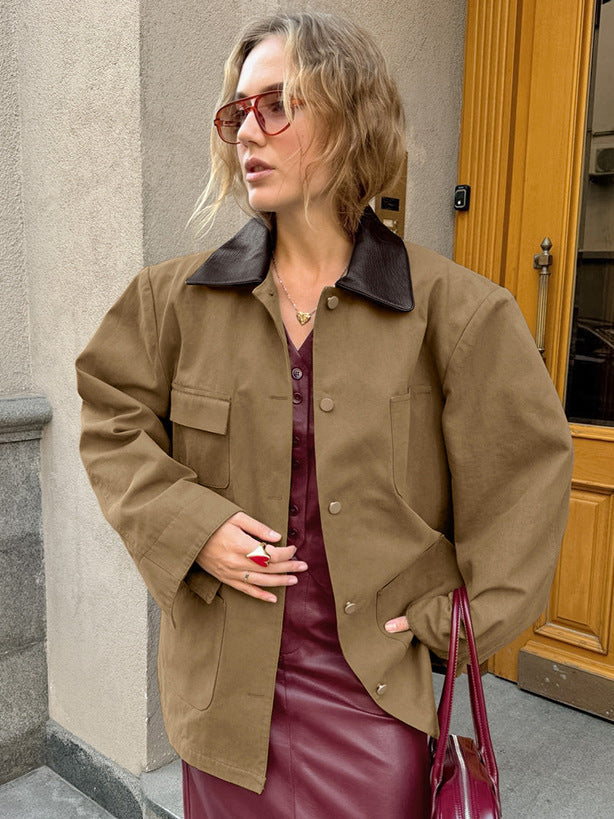 Autumn and winter new brown leather patchwork collar jacket