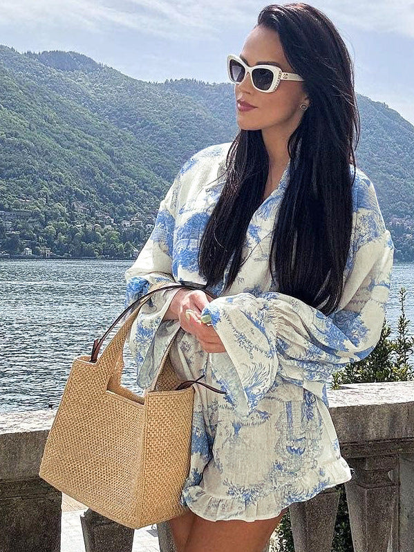 New Chinese style printed ruffled casual suit