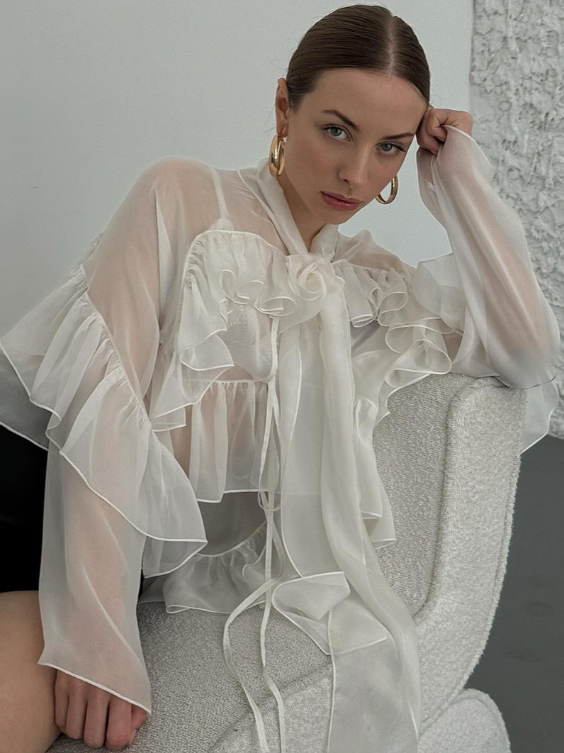 French spring and summer new style ruffled ribbon Tencel shirt