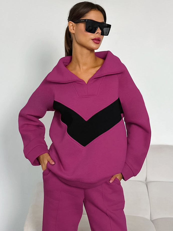 New autumn and winter velvet sweatshirt contrast color lapel loose casual suit