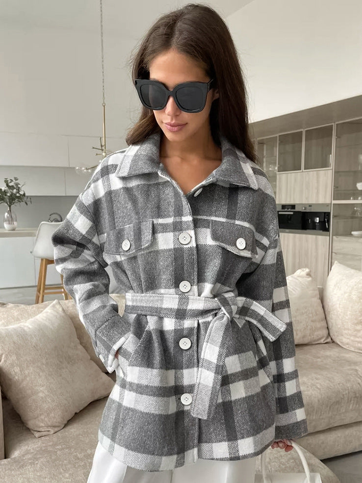 New autumn and winter plaid loose lapel tie woolen coat