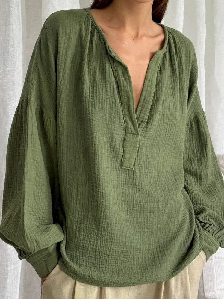 French balloon sleeve loose casual cotton crepe shirt