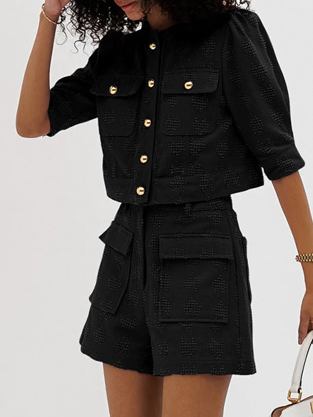 French light luxury embossed jacquard pure cotton puff sleeve leisure suit