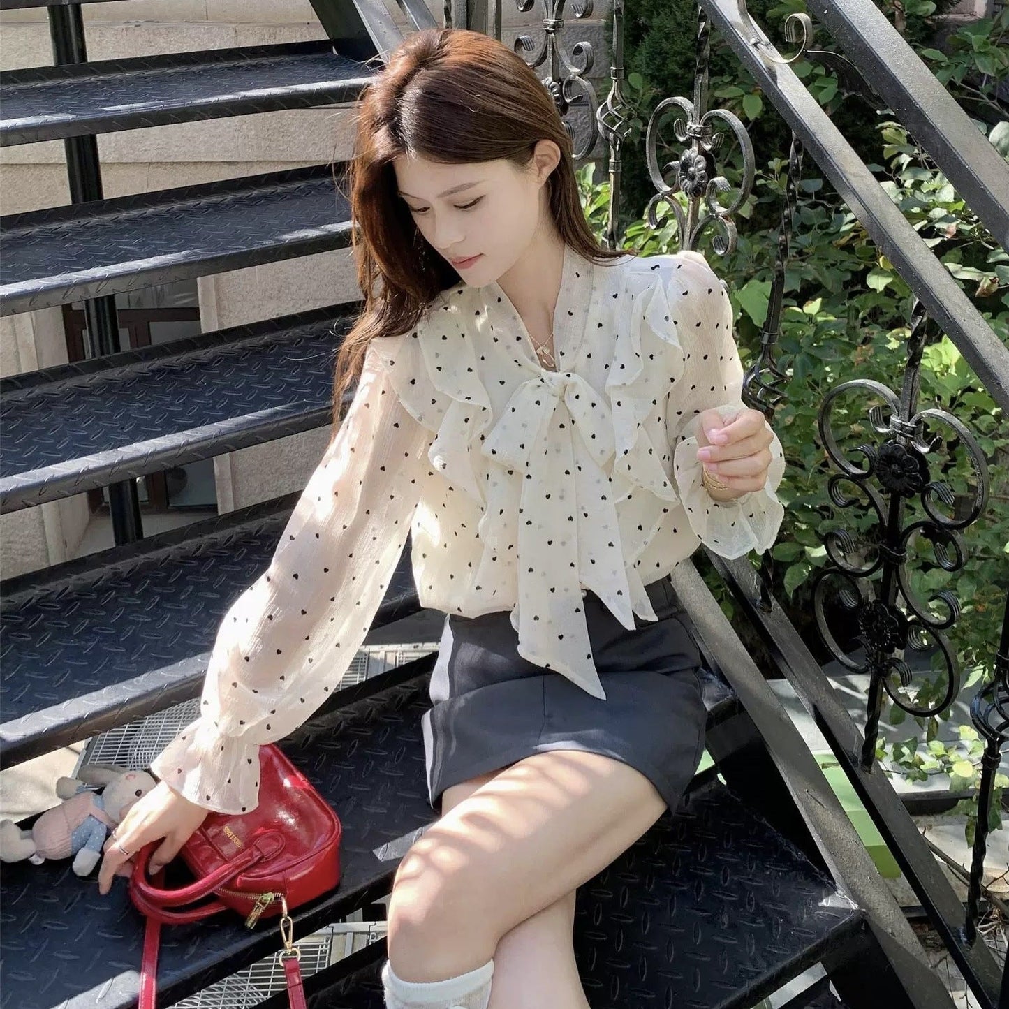 French high-end ruffled polka dot shirt