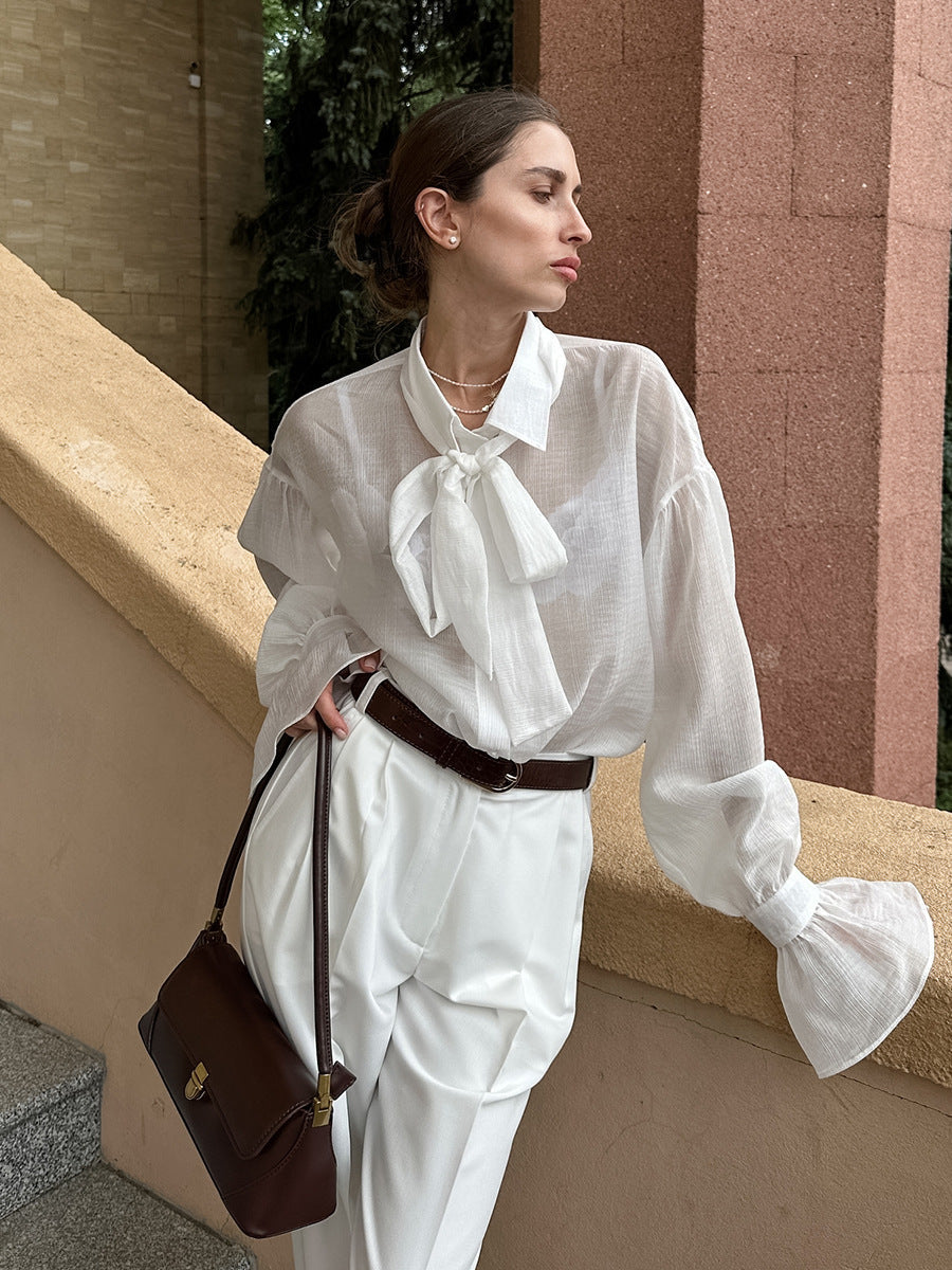 Spring and summer white shirt bow shirt top