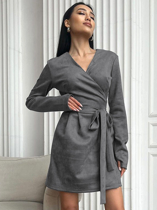 Maillard suede new long-sleeved lace-up dress