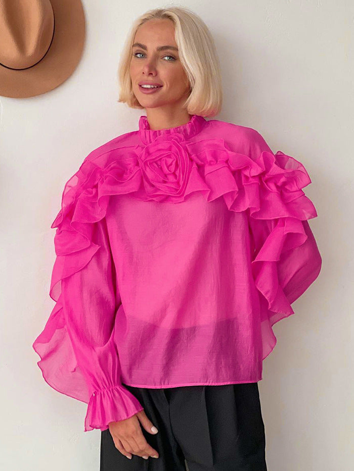 French style mesh small stand-up collar pullover layered ruffled shirt