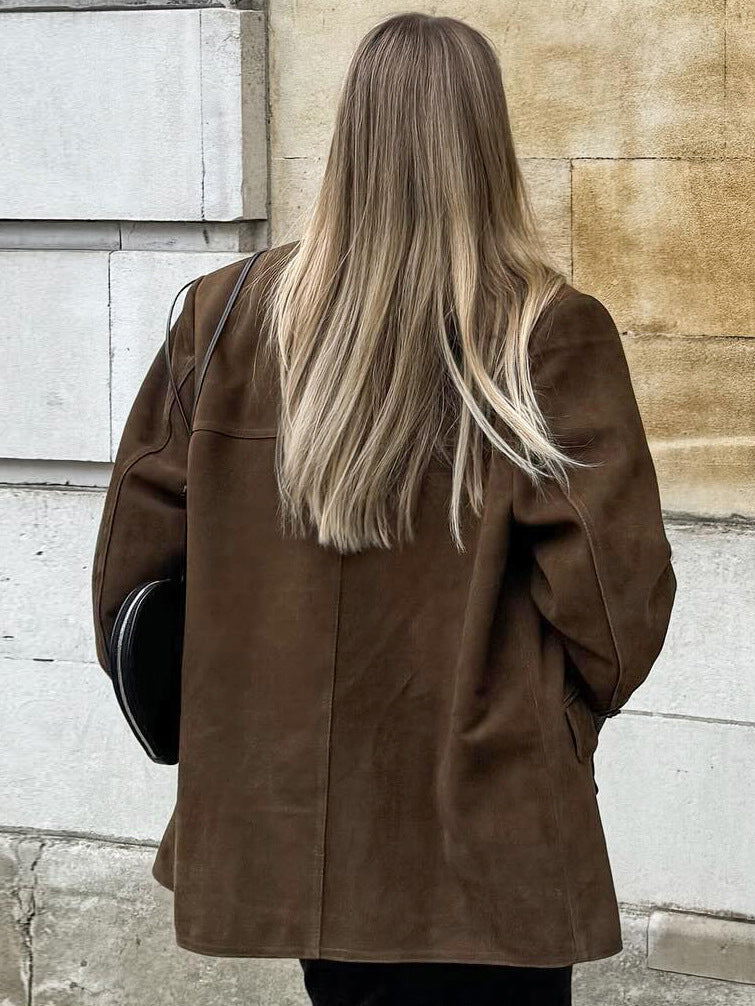 Brown frosted suede retro collar loose suede jacket