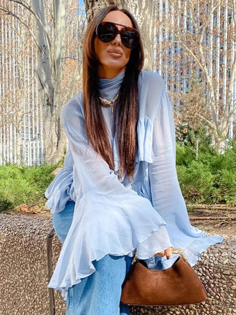 Blue high collar temperament trumpet sleeve ruffled ladies shirt