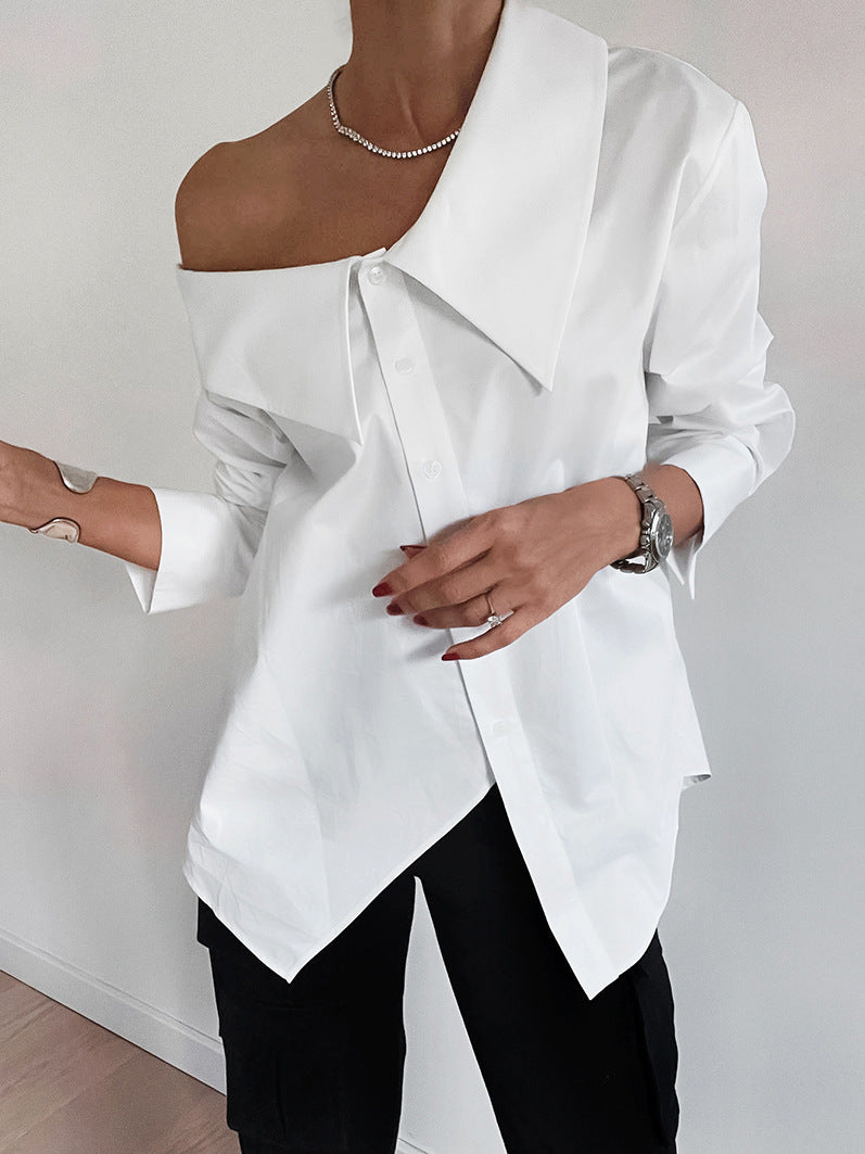 White Irregular Neck Sexy Off-the-shoulder Blouse