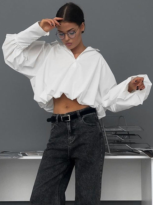 White lapel sexy navel-baring design asymmetric sleeve shirt