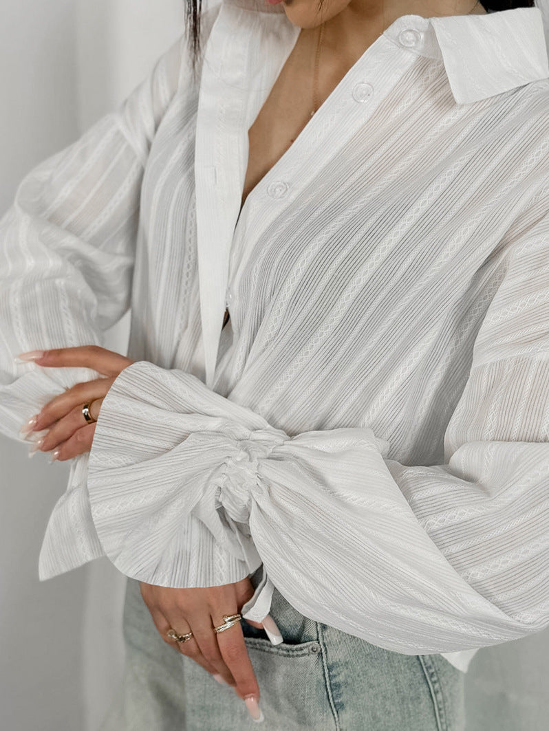 French Raglan Jacquard Trumpet Sleeve Lapel Tie Blouse