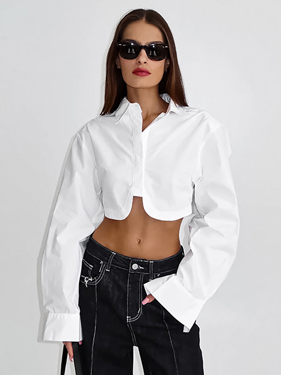 White lapel sexy belly button-down long sleeve shirt