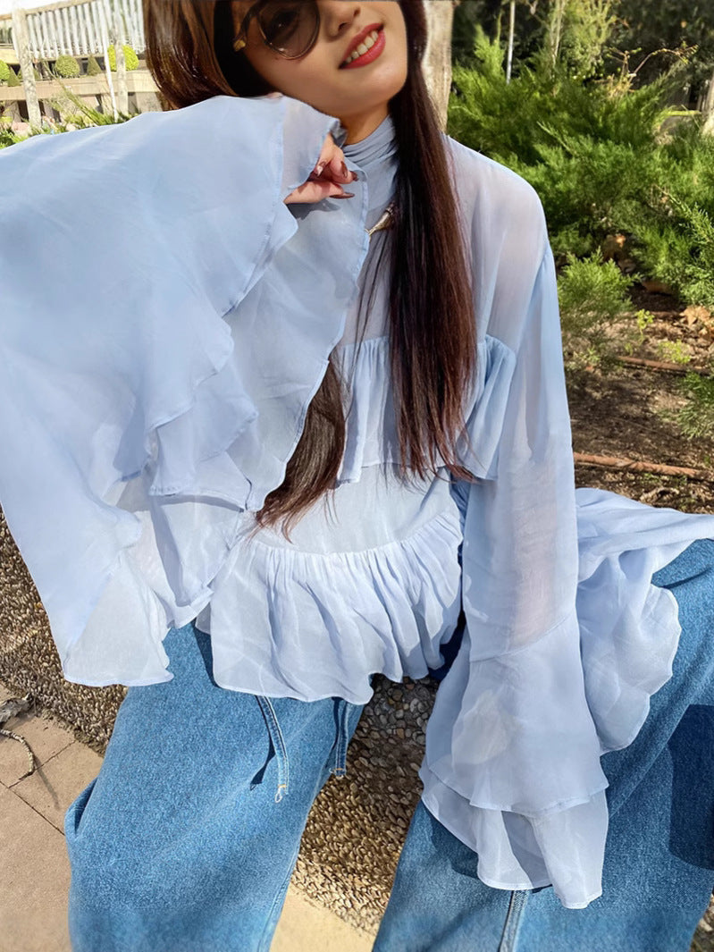 Blue high collar temperament trumpet sleeve ruffled ladies shirt