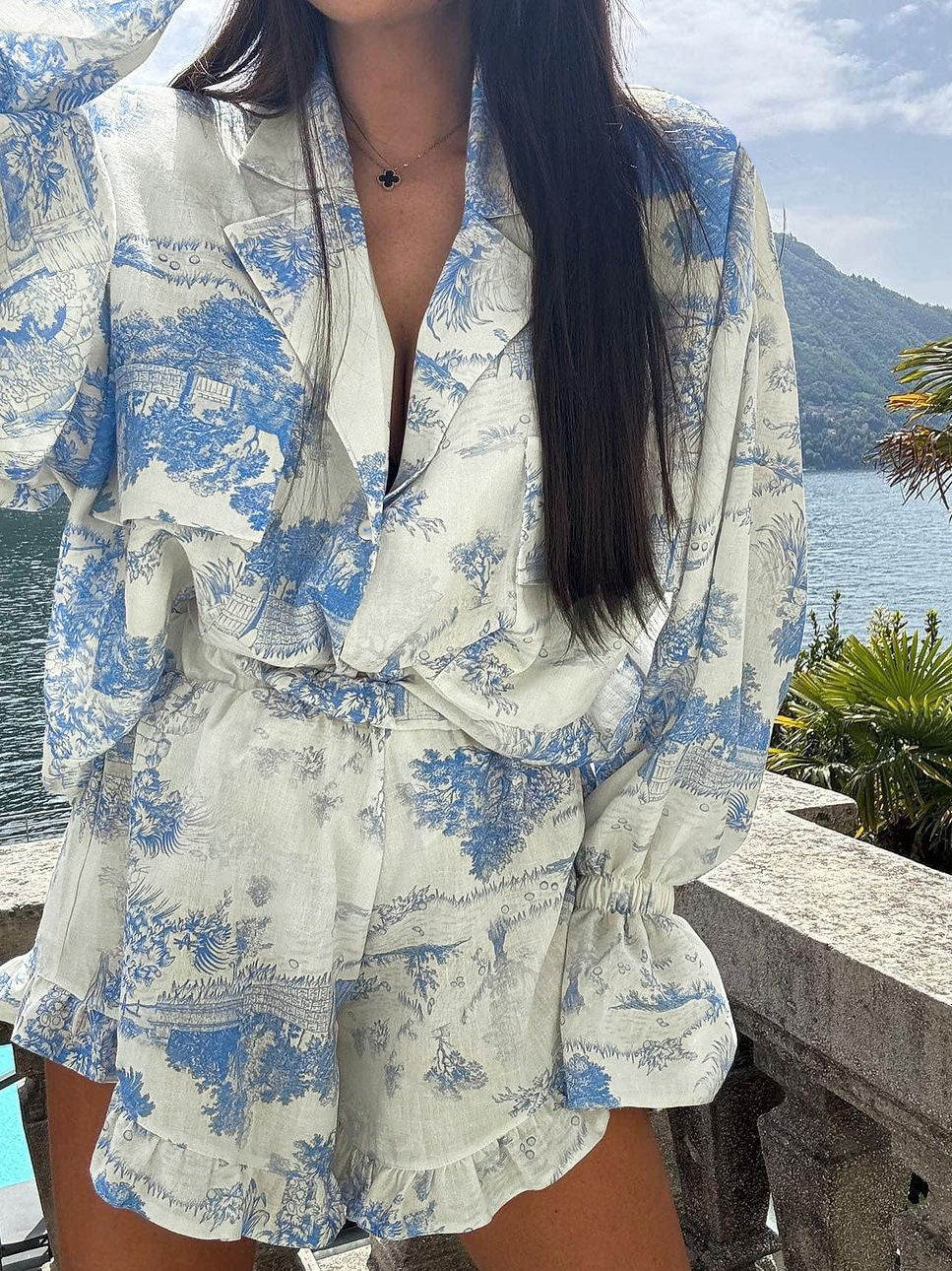 New Chinese style printed ruffled casual suit