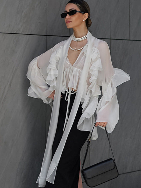 French spring and summer new style ruffled ribbon Tencel shirt