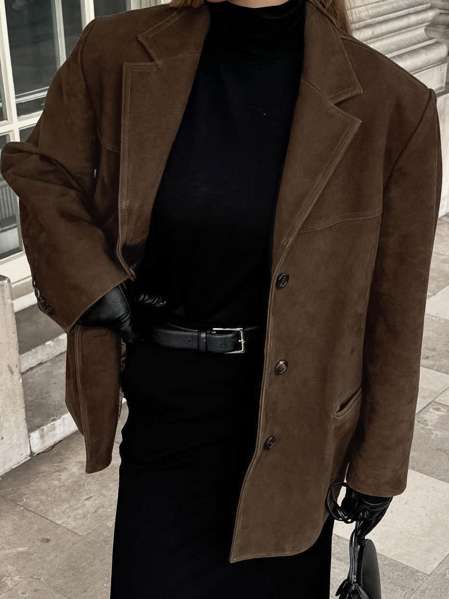 Brown frosted suede retro collar loose suede jacket