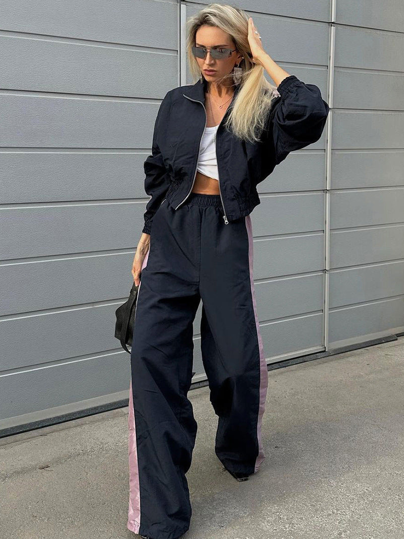 American style clothing material contrast color sports casual jacket and trousers suit