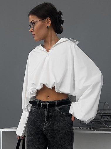 White lapel sexy navel-baring design asymmetric sleeve shirt