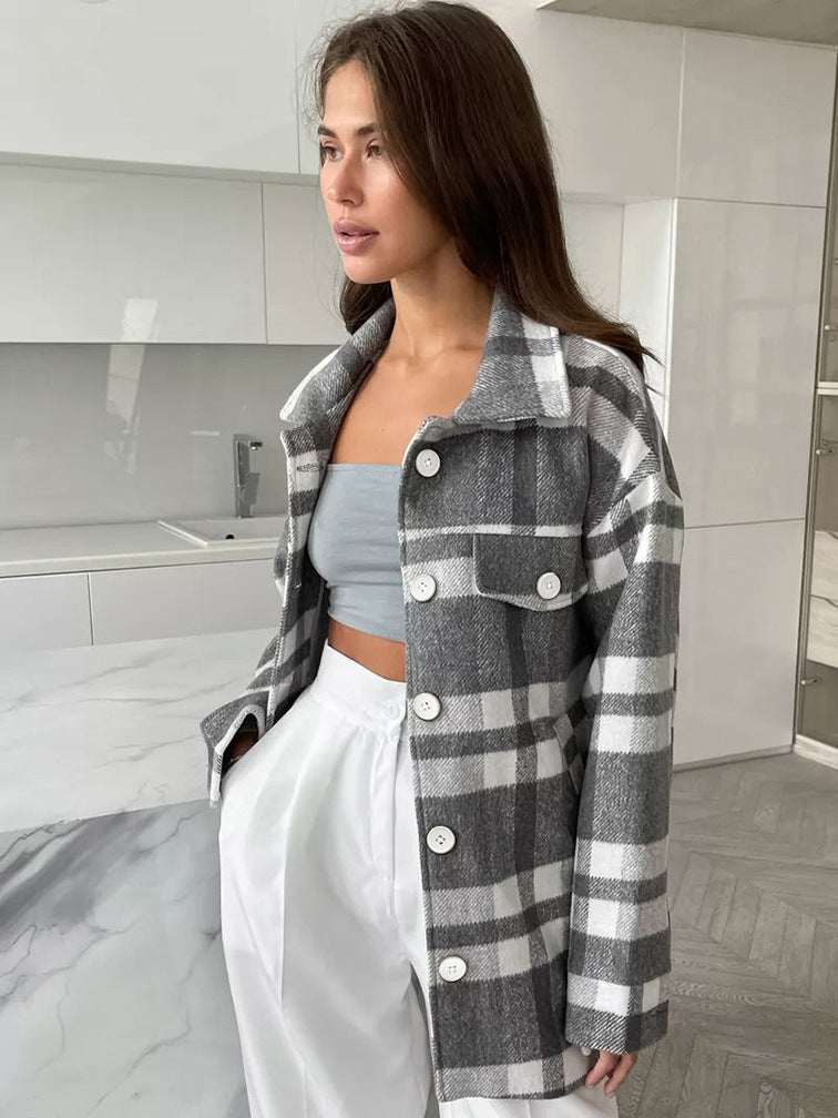 New autumn and winter plaid loose lapel tie woolen coat