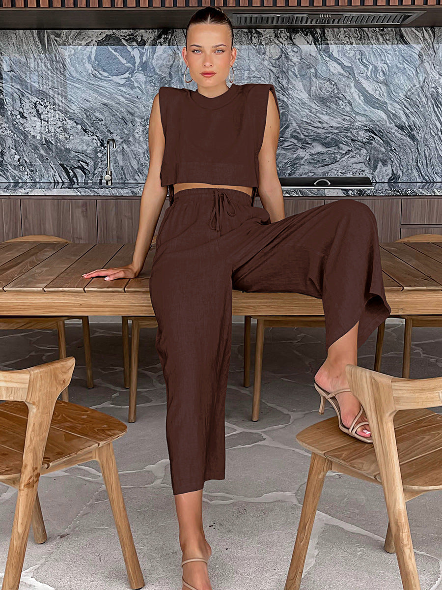 New style shoulder pad sleeveless top and trousers two-piece suit