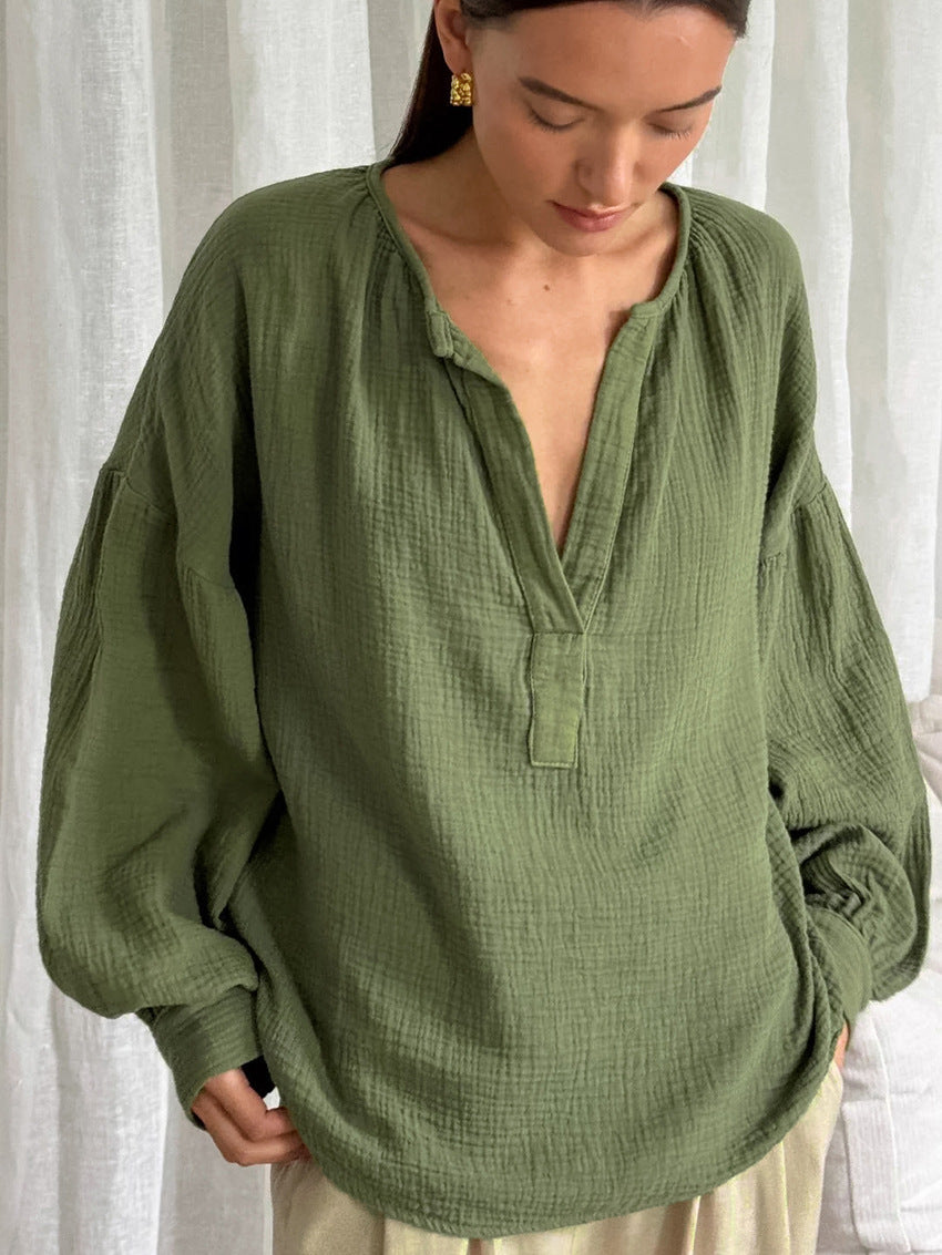 French balloon sleeve loose casual cotton crepe shirt