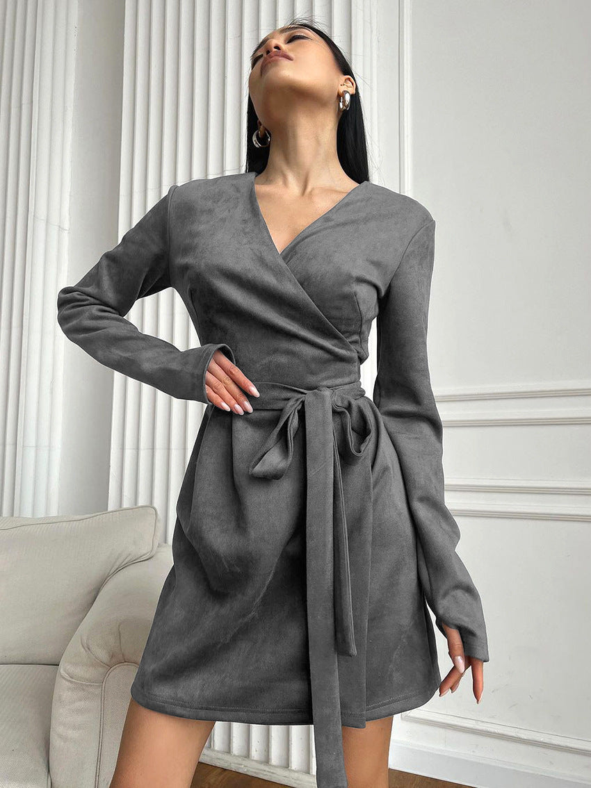 Maillard suede new long-sleeved lace-up dress