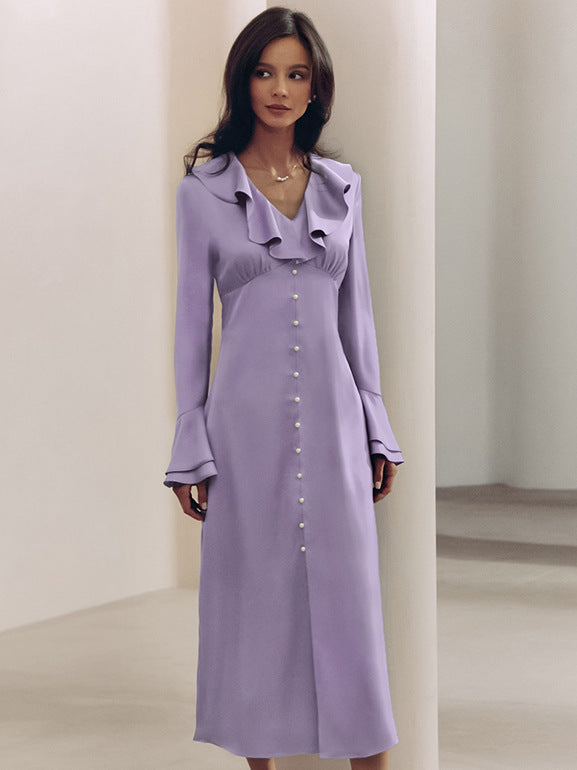 V-neck flared sleeve high waist ruffle dress