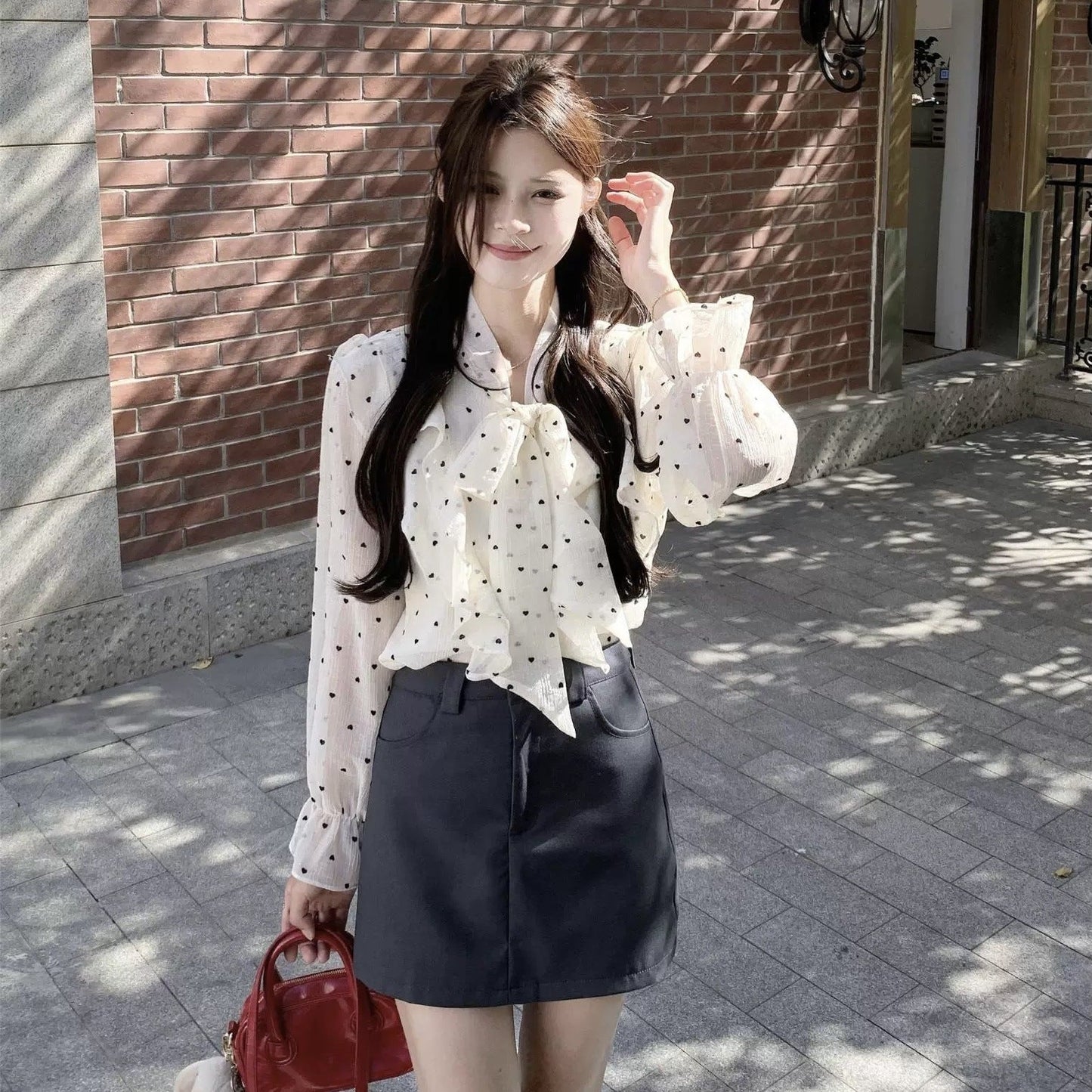 French high-end ruffled polka dot shirt