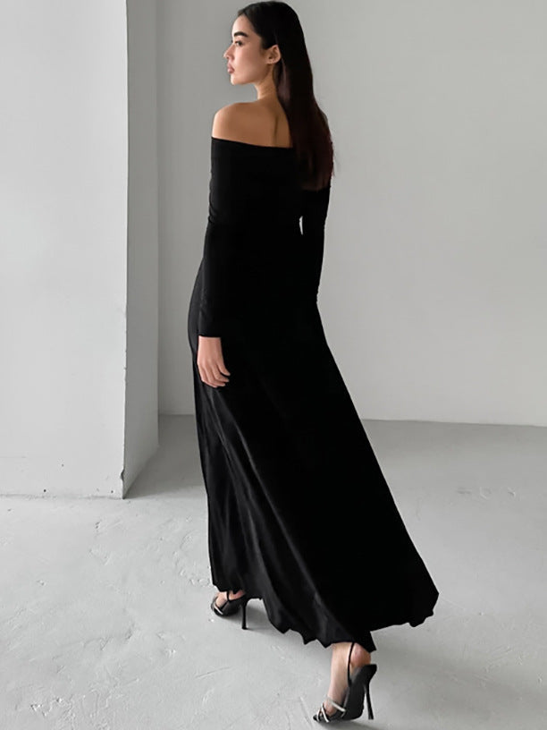 French brushed knitted boat neckline slim high waist pullover dress