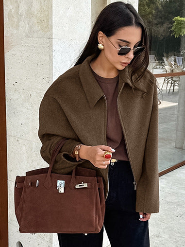 Autumn and winter new lapel long sleeved zipper woolen coat