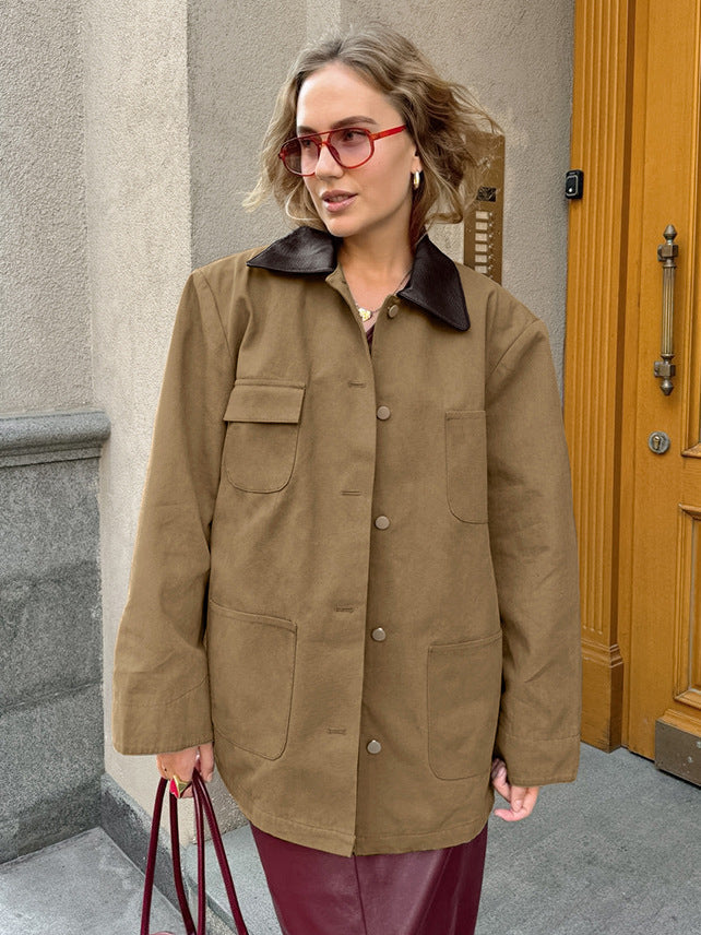 Autumn and winter new brown leather patchwork collar jacket