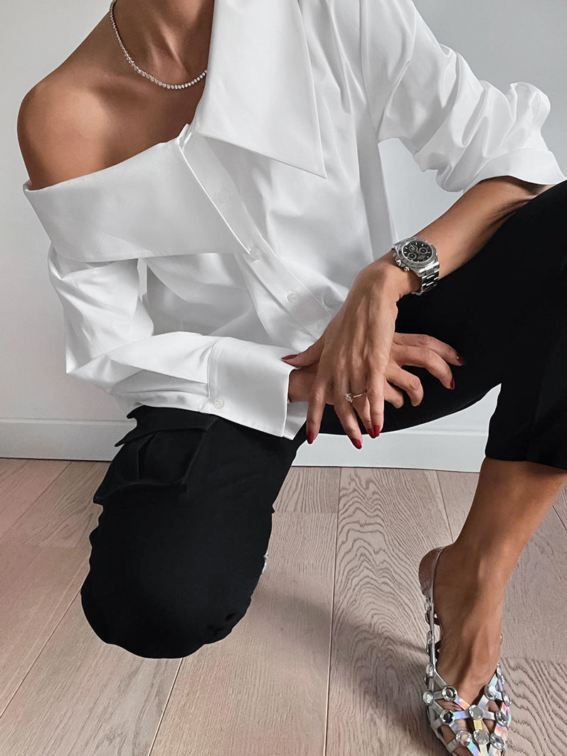 White Irregular Neck Sexy Off-the-shoulder Blouse
