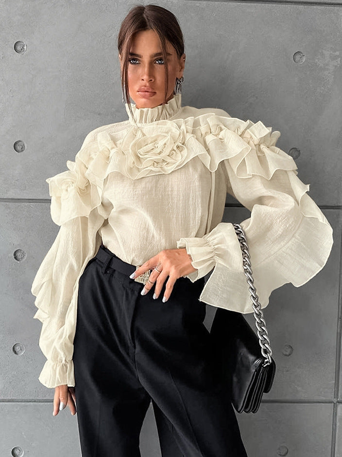 French style mesh small stand-up collar pullover layered ruffled shirt