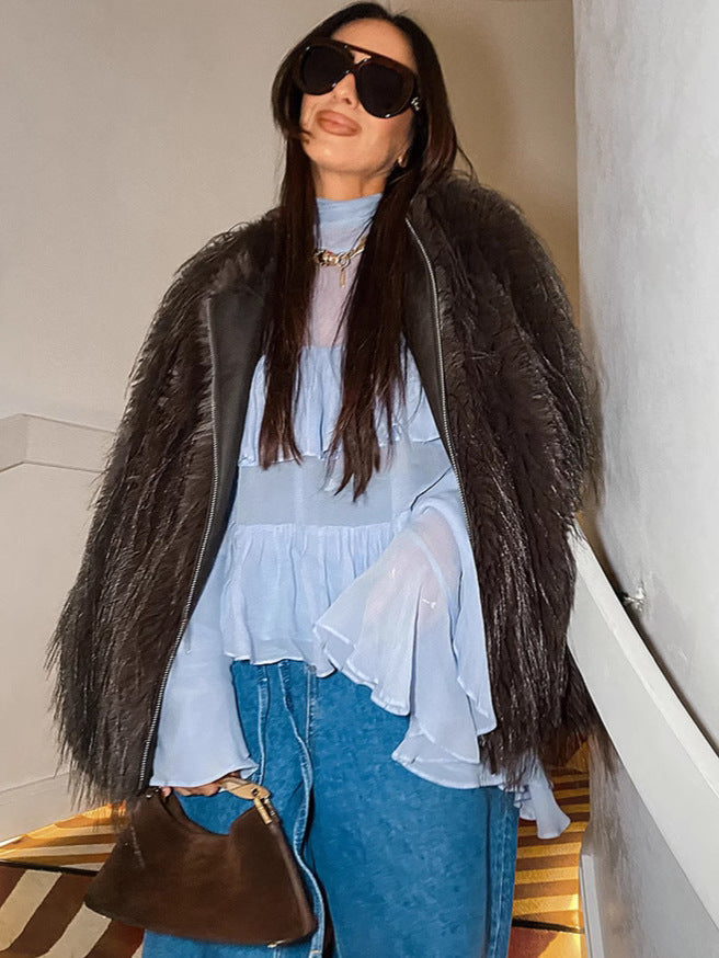 Blue high collar temperament trumpet sleeve ruffled ladies shirt