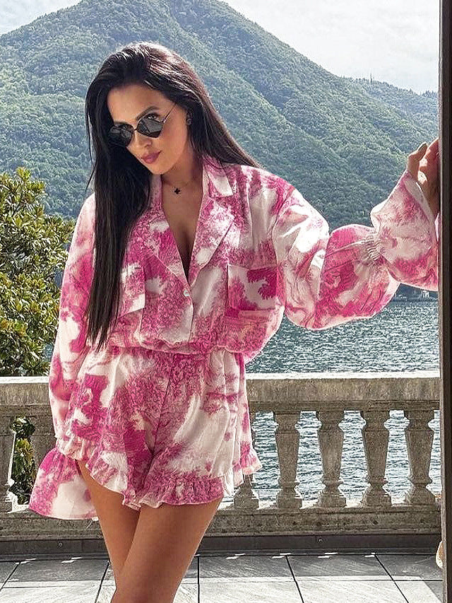 New Chinese style printed ruffled casual suit