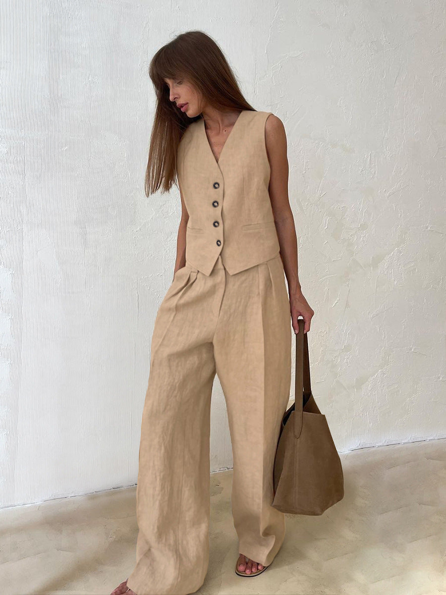 Cotton and Linen Commuter V-Neck Vest Trousers Two-Piece Set