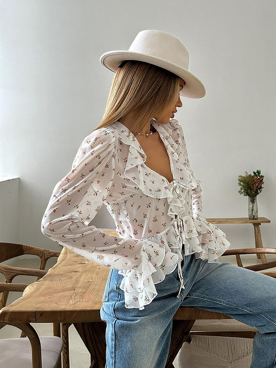 French elegant chiffon printed shirt
