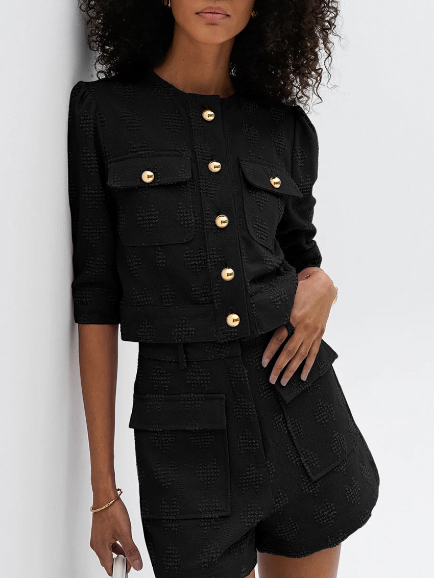 French light luxury embossed jacquard pure cotton puff sleeve leisure suit