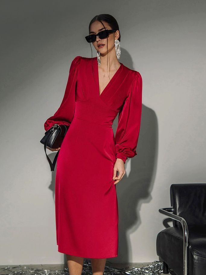 Spring French fishtail high-grade satin lantern sleeve red dress