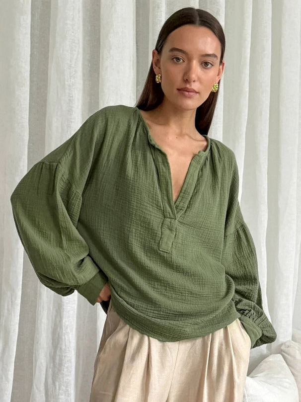 French balloon sleeve loose casual cotton crepe shirt