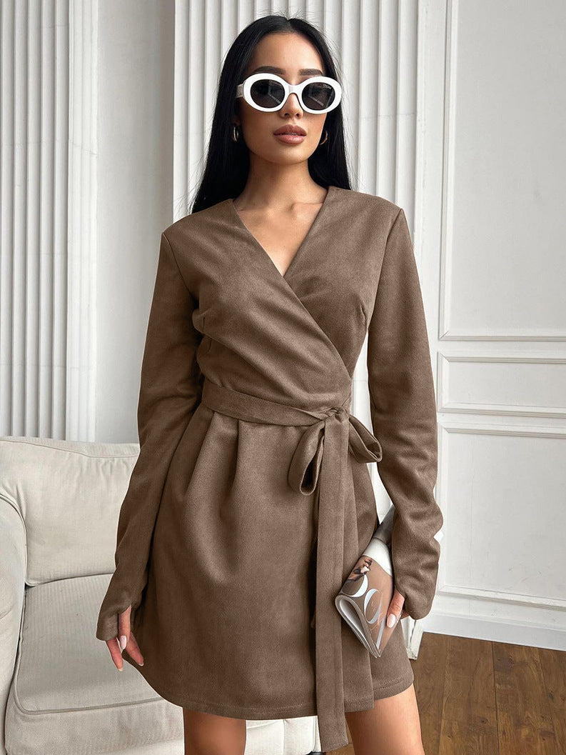 Maillard suede new long-sleeved lace-up dress