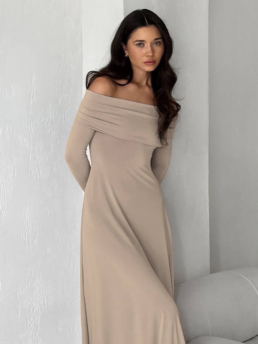 French brushed knitted boat neckline slim high waist pullover dress