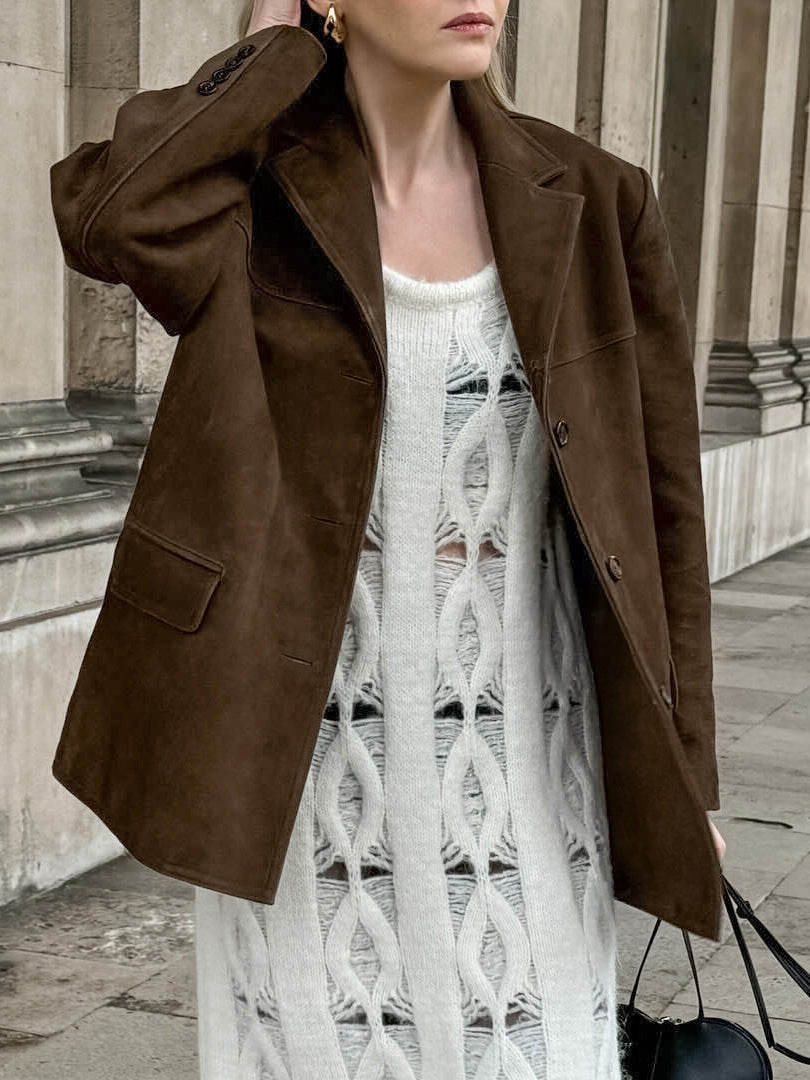 Brown frosted suede retro collar loose suede jacket