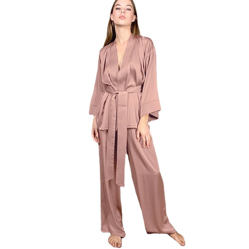 New Satin Long Sleeve Cardigan Lace-Up Nightgown